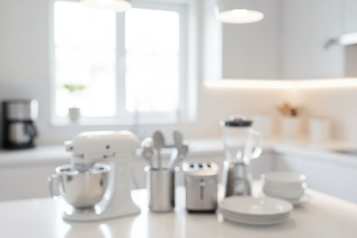 Soft blurred kitchen with practical gadgets backdrop with a white vibe
